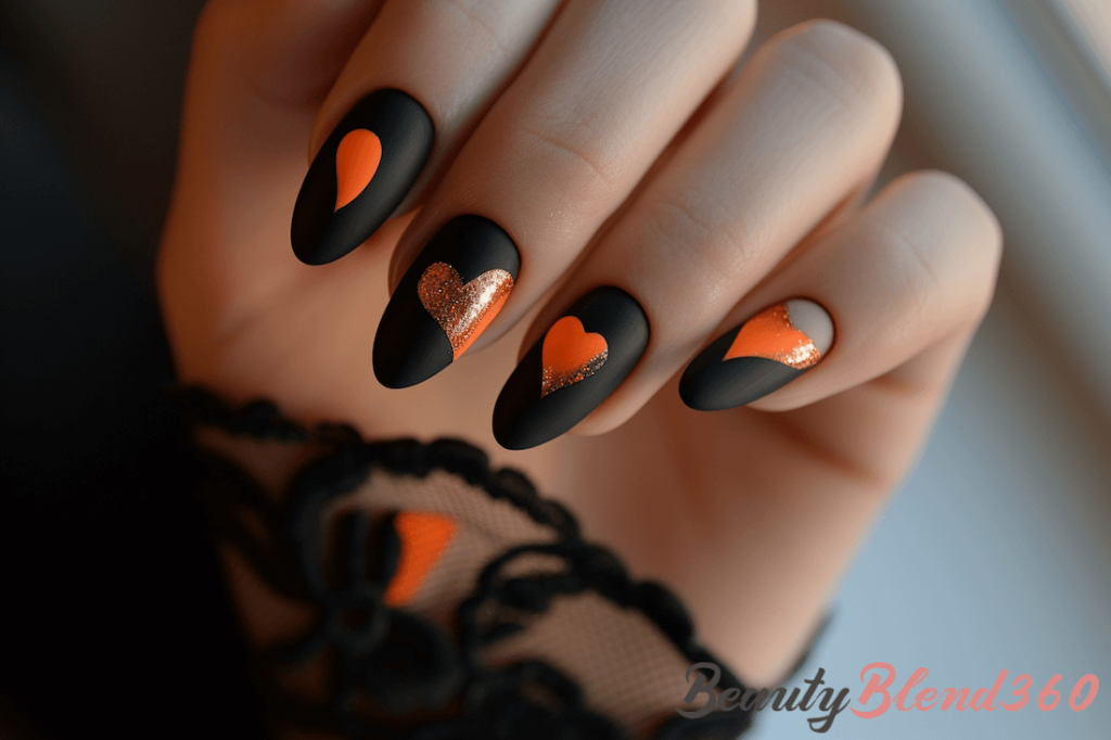 Błyszczące pomarańczowe serduszka z brokatem na matowych czarnych paznokciach