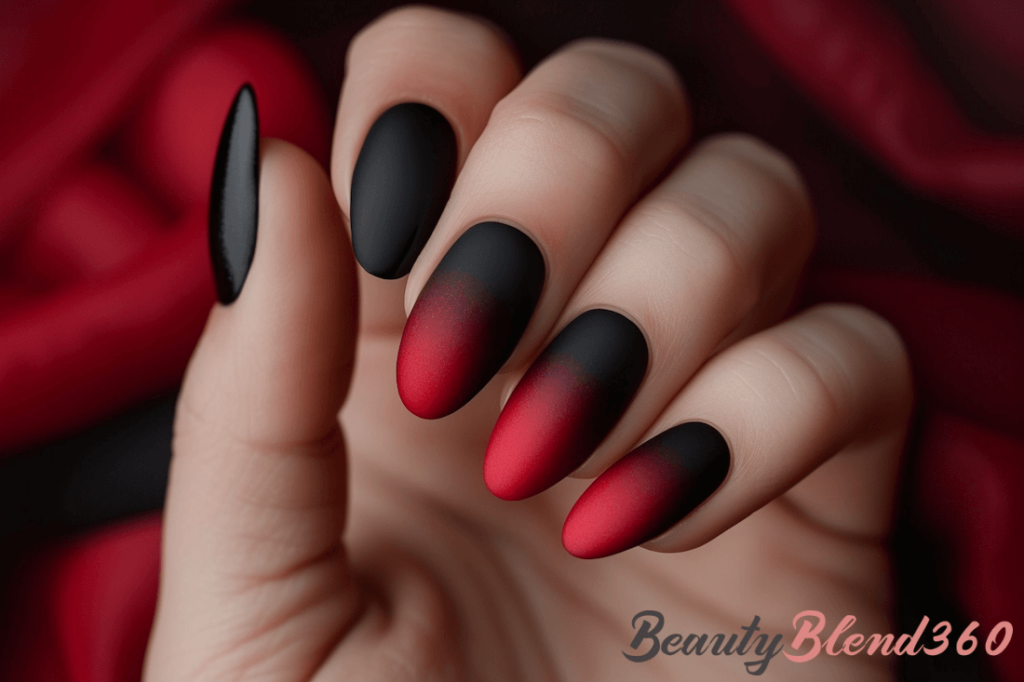 Czerwono-czarne paznokcie, matowe ombre