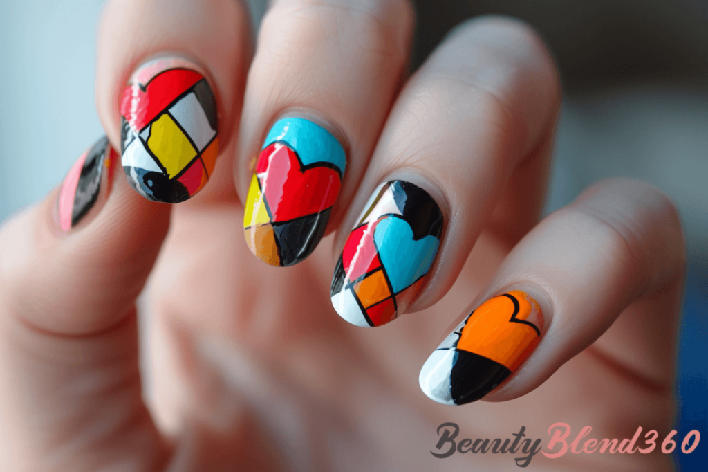 Kolorowe paznokcie z motywem serduszka z geometrycznymi kształtami